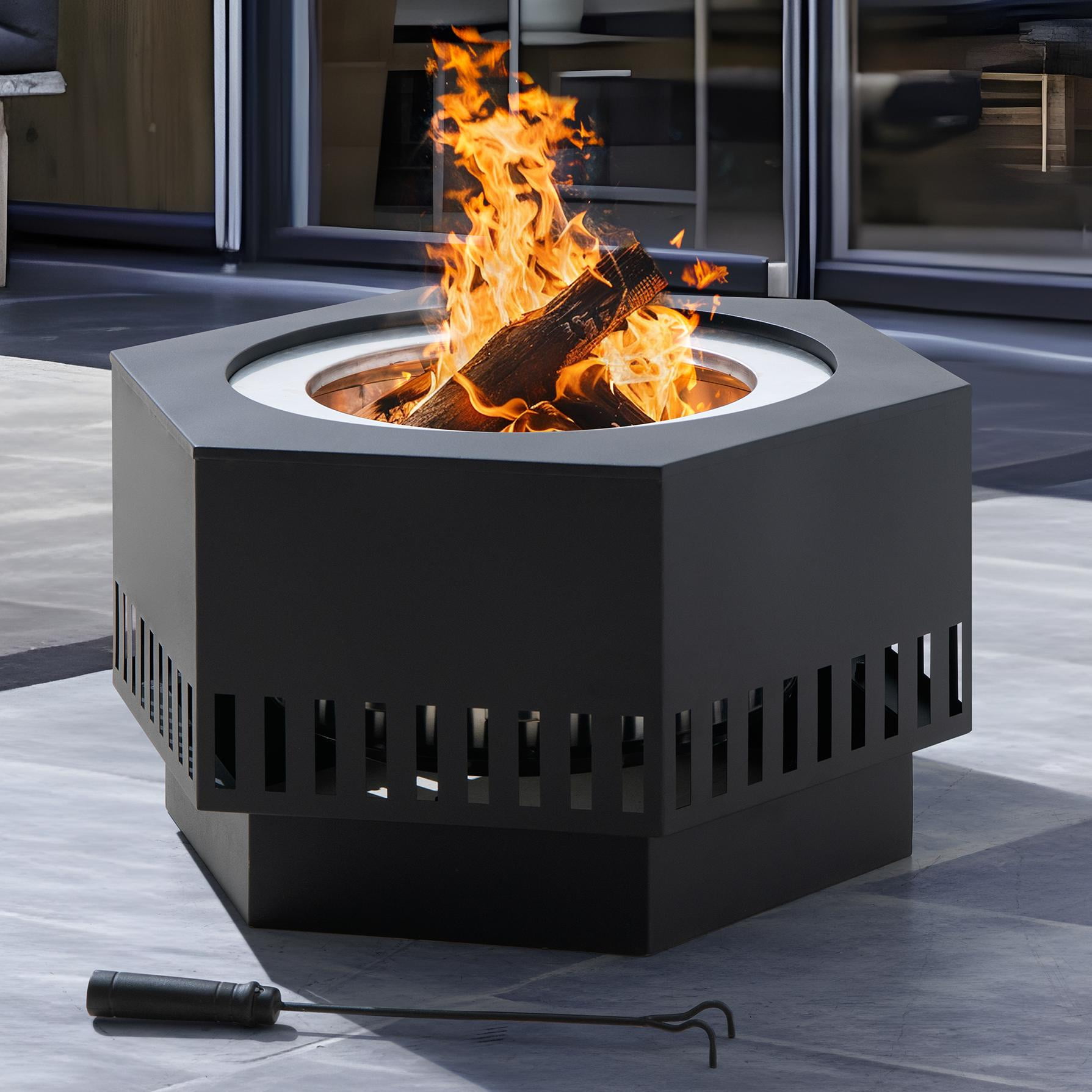 Sunjoy Outdoor 28 In Smokeless Fire Pit with Removable Ash Pan, Outdoor Portable Wood Burning Fireplace with PVC Cover and Fire Poker ,Ideal for Camping, Bonfire, and Backyard, Black