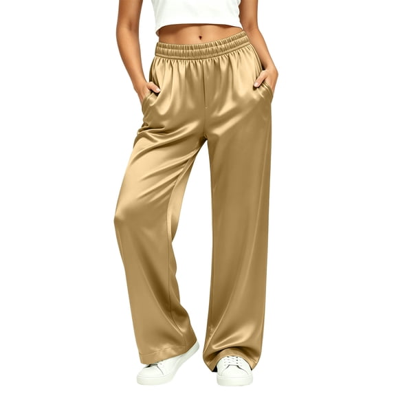 TEAJOPSUU Womens Silky Satin Wide Leg Pants High Waisted Elastic Waist Trousers Casual Lounge Pajama Pants Gold