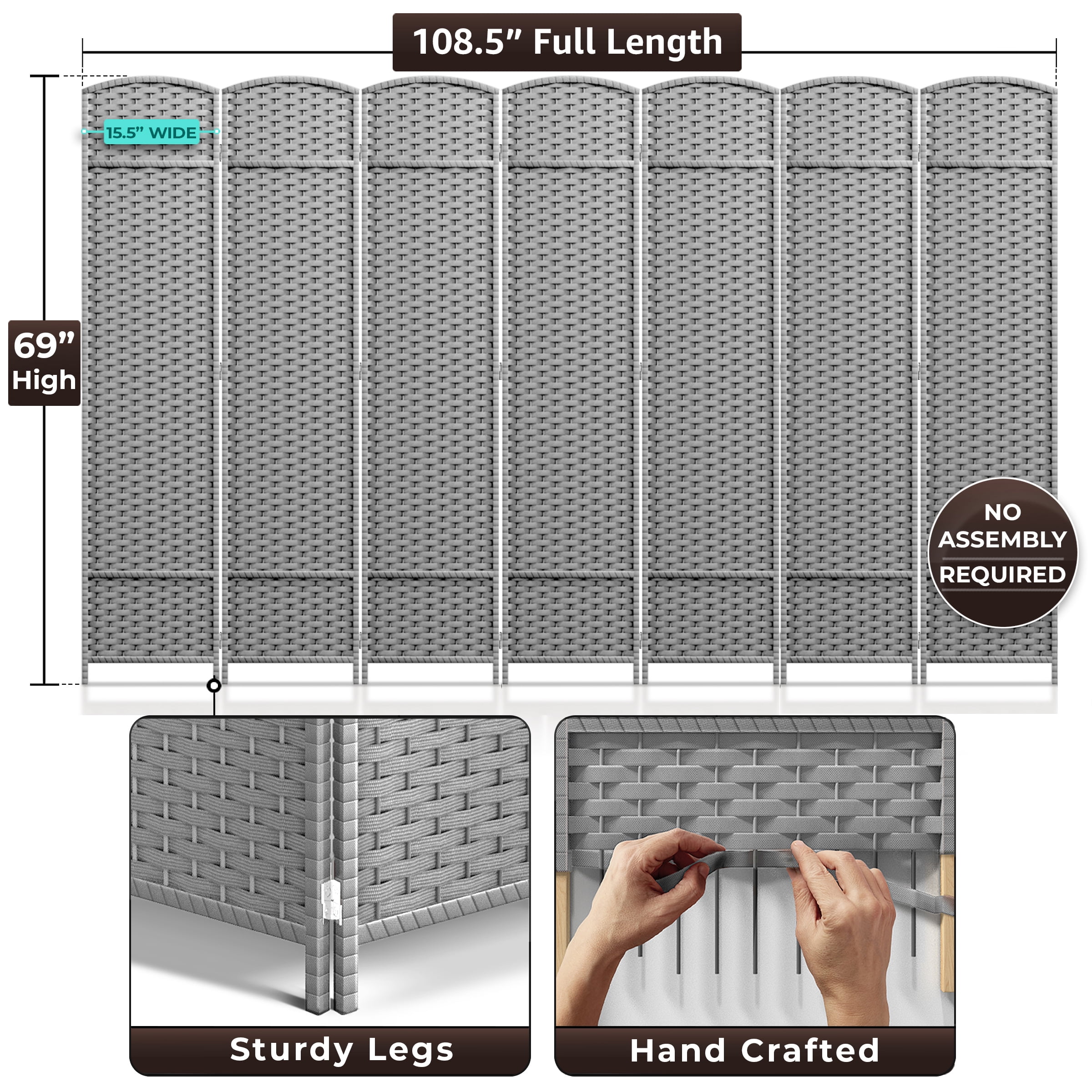 Sorbus 7-Panel Wide Folding Room Divider Privacy Screen, Hand-Woven Lt. Gray Mesh
