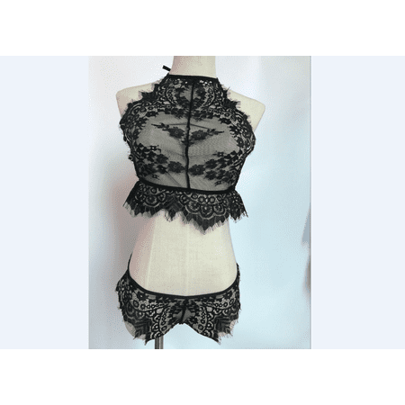 

Women 2PCS Sexy Lingerie Set Solid Color Lace Mesh See Through Halter Straps Tie Bra Low Cut Triangle Panty Sleepwear Set