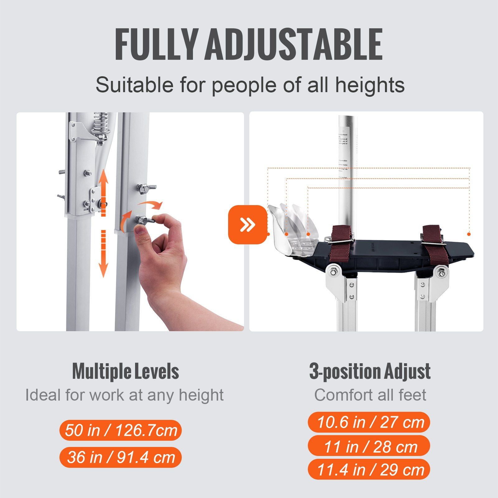 36" to 50" Adjustable Aluminum Stilts with Protective Knee Pads for Sheetrock Work