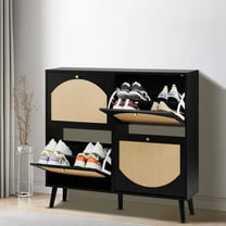 2-Tier Arched Rattan Shoe Cabinet, Black Frame with Wood-Toned Rattan, Flip-Top Storage for 8-12 Pairs, Particleboard & Plastic Rattan, for Entryway, Hallway, Bedroom