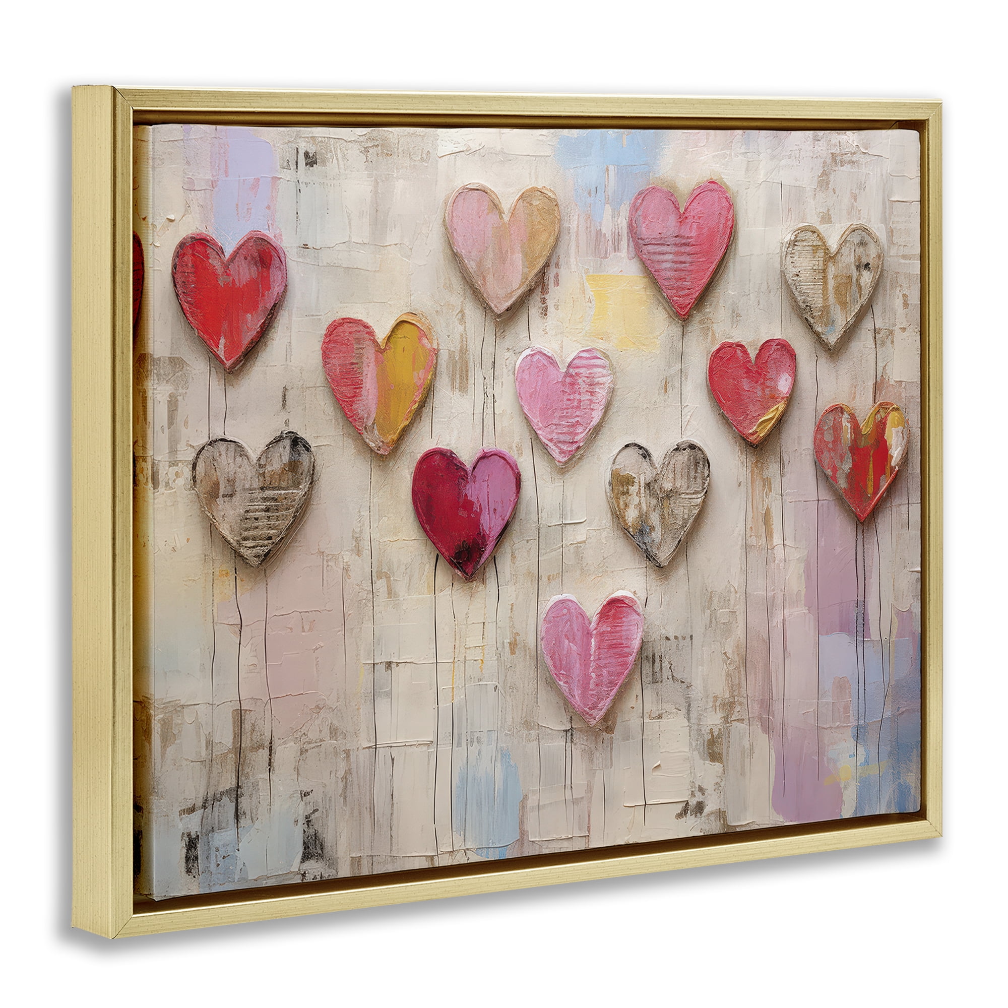 Stupell Industries Playful Love Hearts Collage Abstract Painting Gold Floater Framed Canvas Art Print Wall Art, 21 x 17