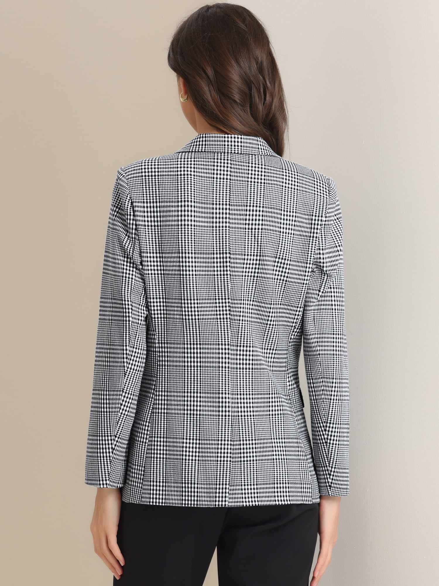 DARING DIVA Women's Plaid Notched Lapel Blazer M Black White Pattern 2