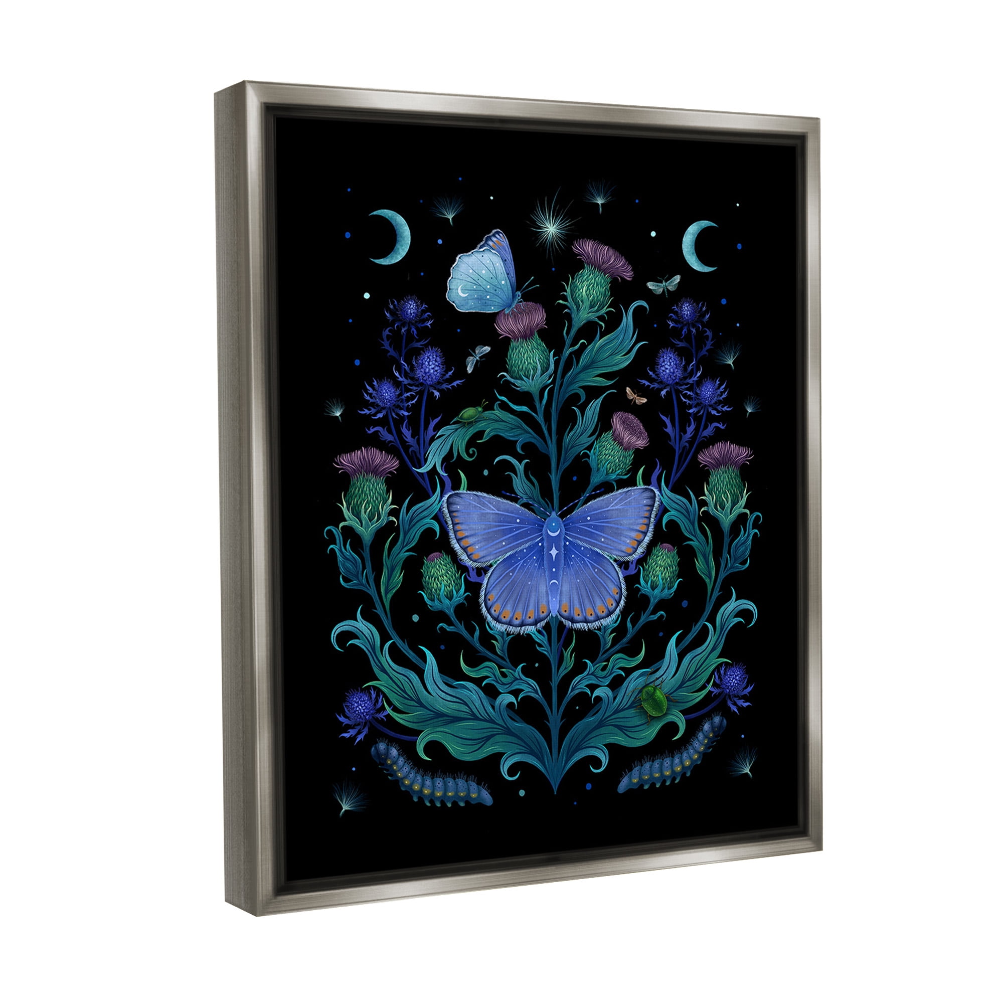 Stupell Industries Floral Night Sky Butterfly Animals & Insects Painting Gray Floater Framed Canvas Art Print Wall Art, 17 x 21