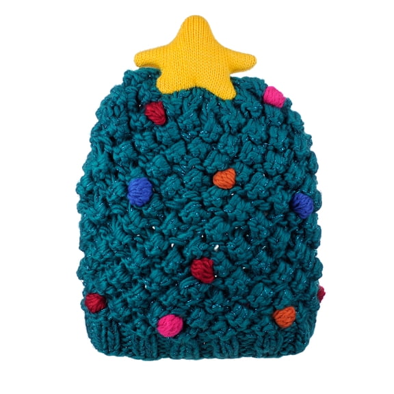 D&Y Popcorn Knit Holiday Christmas Tree Beanie with Top Star, Teal