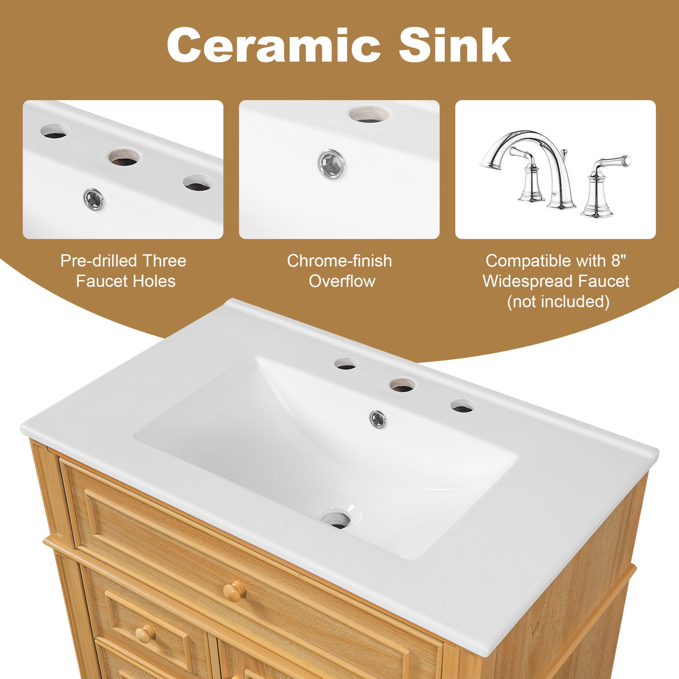 30" Bathroom Vanity with Sink, Solid Wood Vanity Cabinet with Flip-Out Drawer, 2 Drawers and 1 Soft-Close Door, Natural Wood