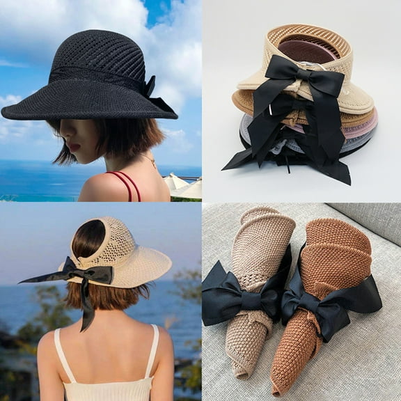 Cheers.US Women Summer Sun Visor UV Protective Anti Ultraviolet Bowknot Wide Brim Foldable Packable Straw Hat Cap for Beach Outdoor