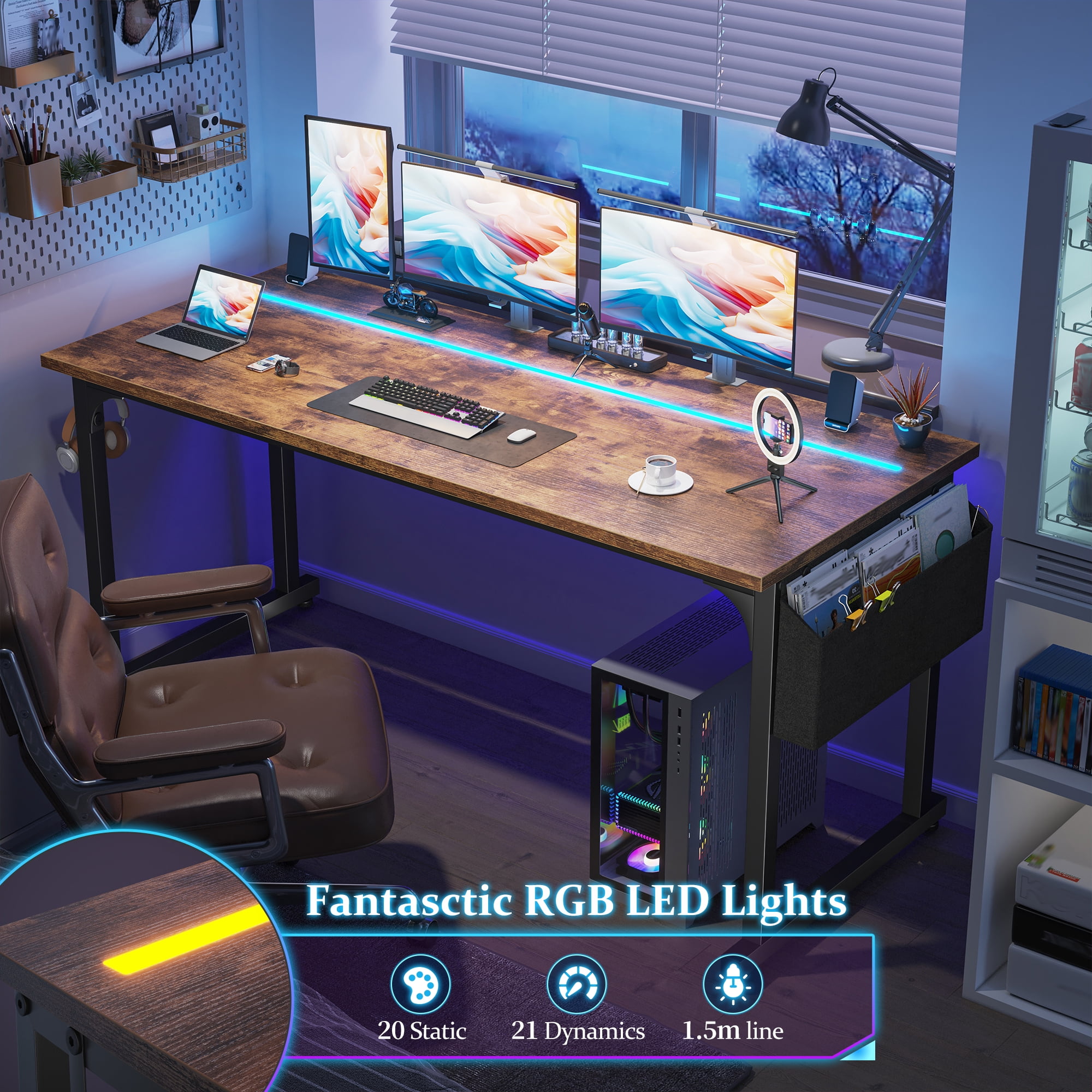 Romorgniz 63 Inch Computer Desk with LED Lights for Small Spaces, Home Office Desk with Storage Bag, Headphone Hook, Rustic Brown