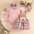 thumbnail image 2 of CAICJ98 Baby Girl Clothes Fall Winter Outfit Ruffle Long Sleeve Romper Cute Bear Plaid Skirt Bow Headband 3 Pcs Set, Size 3-6 Months, 2 of 9