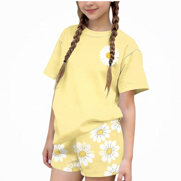 NAISIBABY Girls Summer 2 Piece Outfit, Printed Short Sleeve Crew Neck Top with Elastic Waist Shorts Casual T-Shirt Set Yellow Size 3T