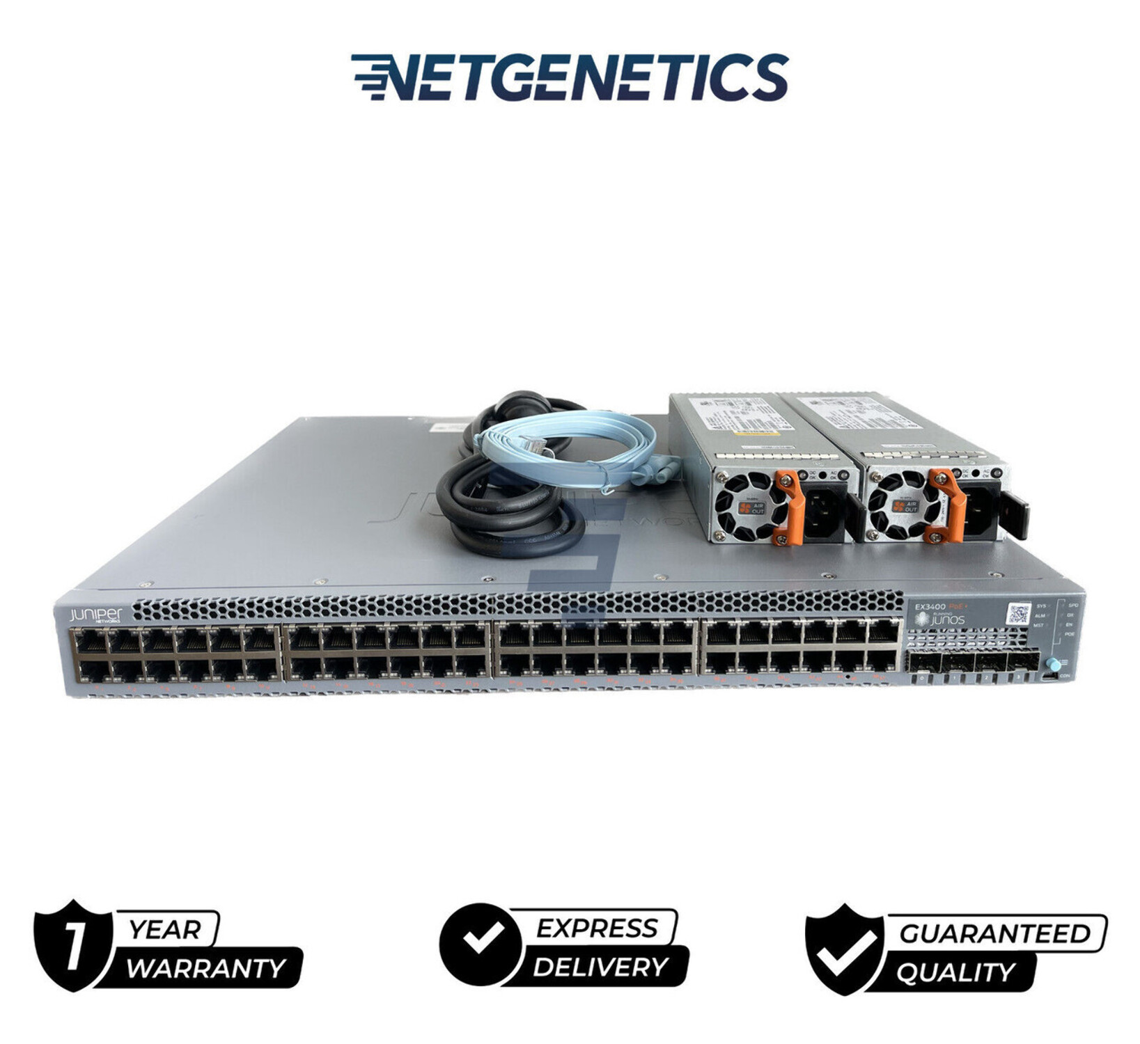 Juniper Networks EX Series EX3400-48P - Switch - L3 - managed - 48 x 10/100/1000 (PoE+) + 4 x Gigabit SFP / 10 Gigabit SFP+ + 2 x 40 Gigabit QSFP+ - front to back airflow - rack-mountable - PoE+ (740 W) - TAA Compliant - image 2 of 3