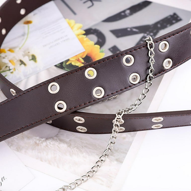 Women's Belt Vintage PU Leather Double Prong Buckle Hollow Party Cosplay  Goth Belt White with Chain 