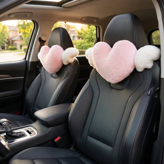 Heart Shaped Car Headrest Pillow with Angel Wings, 2 Pack Soft Kawaii Head Rest Cushion for Neck Support, Cute Pink Love Heart Car Accessories for Driving Travel Office Home Decor