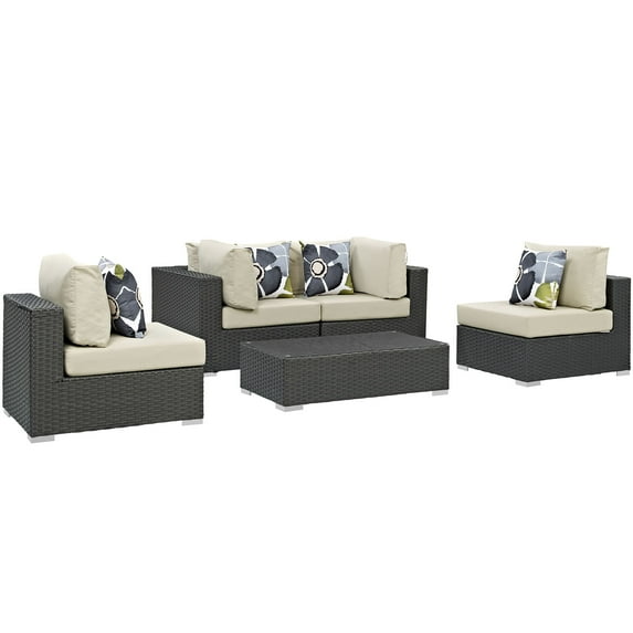 Modern Contemporary Urban Design Outdoor Patio Balcony Five PCS Sectional Sofa Set, Beige, Rattan