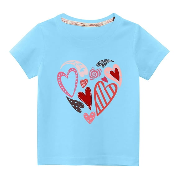 Virmaxy Unisex Kids Valentine's Day Basic Tee Toddler Baby Boys Girls Love Heart Graphic T-shirt Crew Neck Pullover Shirt Spring Summer Short Sleeve Cotton Casual Baggy Tees Blue-A 9Y