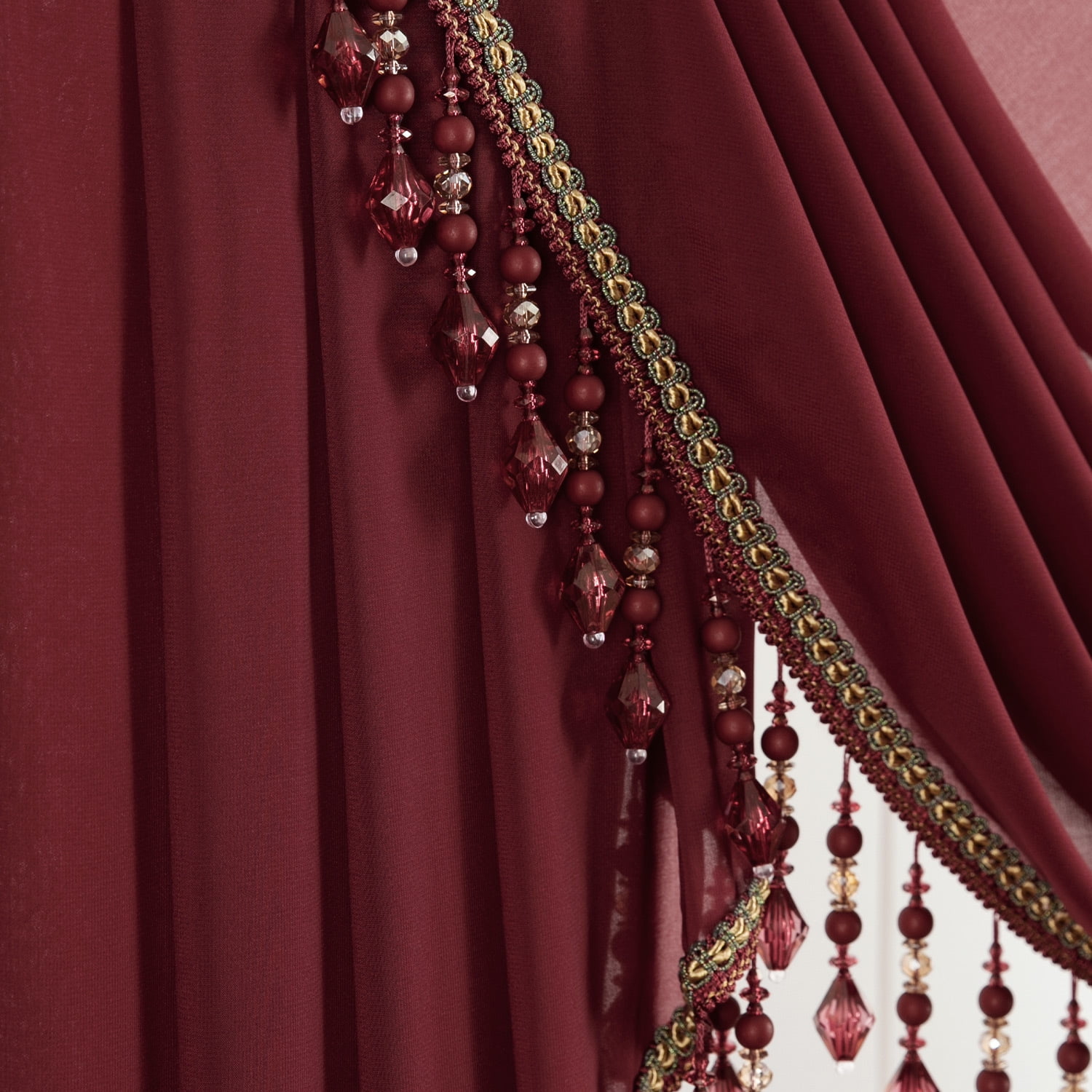 VOGOL Vintage Style Waterfall Valance, 39 inches Wide Soft Touch Sheer Drapes for Living Room, Classical Rod Pocket Silky Swag Valance with Handmade Tassels, Burgundy Red, 1 Panel