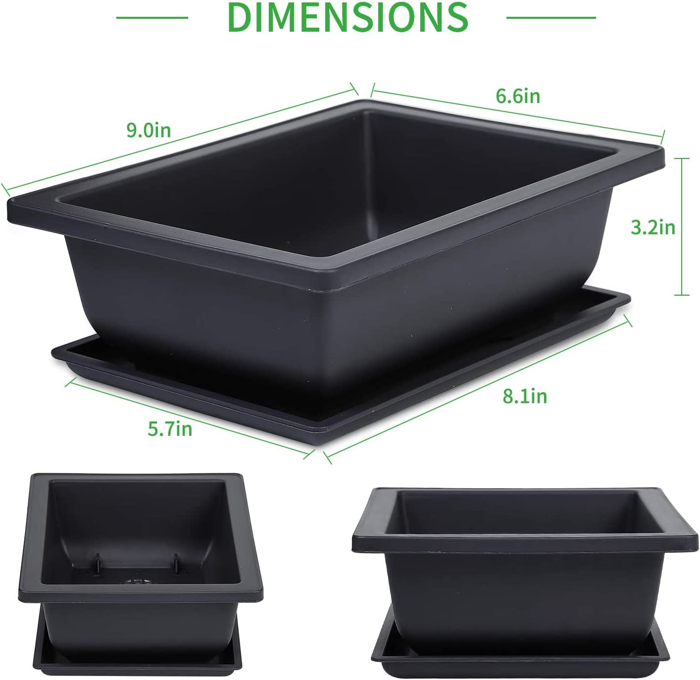 Xiao Hua Bonsai Training Pots, 6 Pack 9 inches Large Planters Plastic Rectangle Bonsai Plants Flower Growing Pots with Humidity Trays