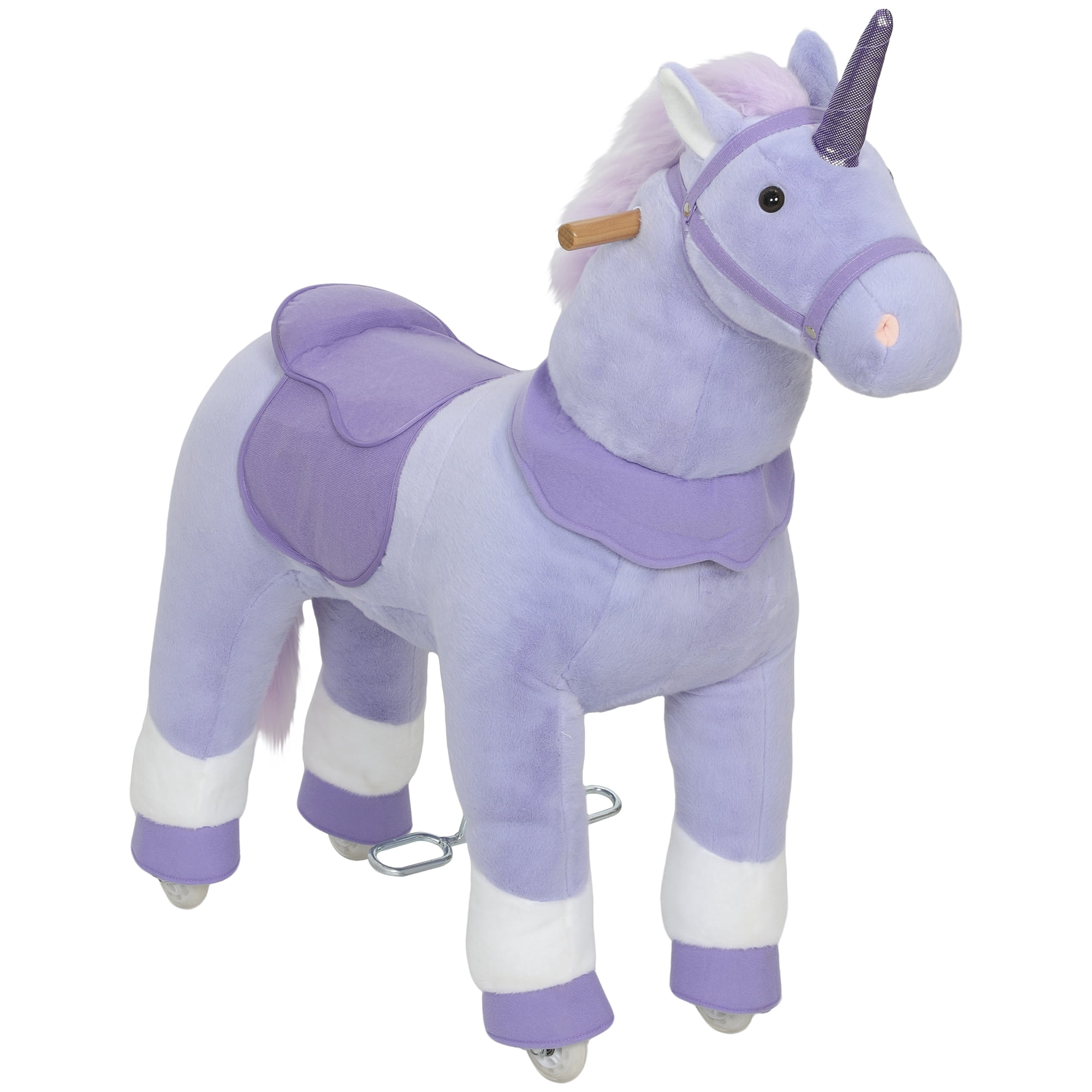 Qaba Ride on Unicorn Toy for Kids 4-7 Years, 37.8 Inch Plush Baby Rocking Horse, Mechanical Walking Animal with Wheels, No Batteries Required, Purple