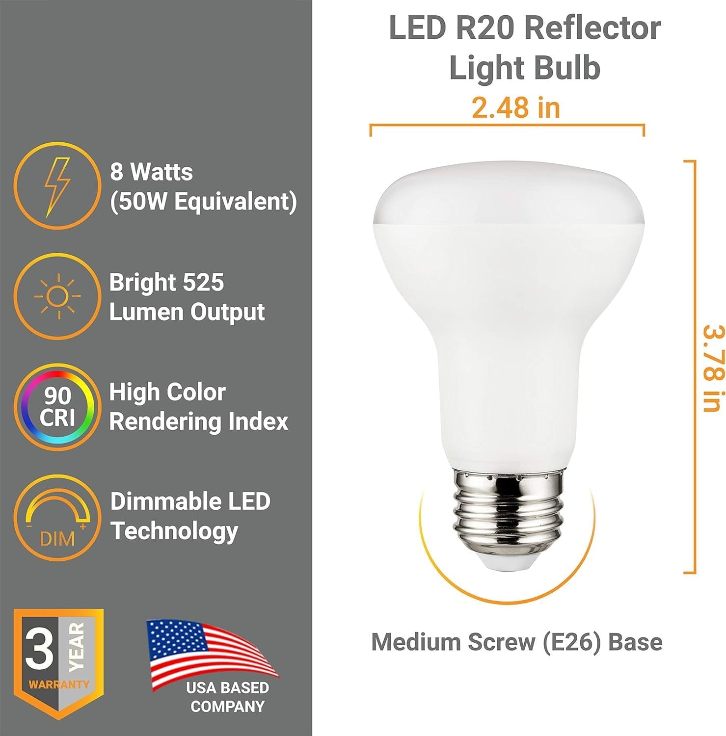 Diodesy- Pack of 6 R20/LED/8W/CRI90/50K LED R20 Reflector Light Bulb, 8 Watts (50W Equivalent), Dimmable, 5000K Bright White, Medium E26 Base, 525 Lumens, Flood Light for Recessed Can Use, UL Listed