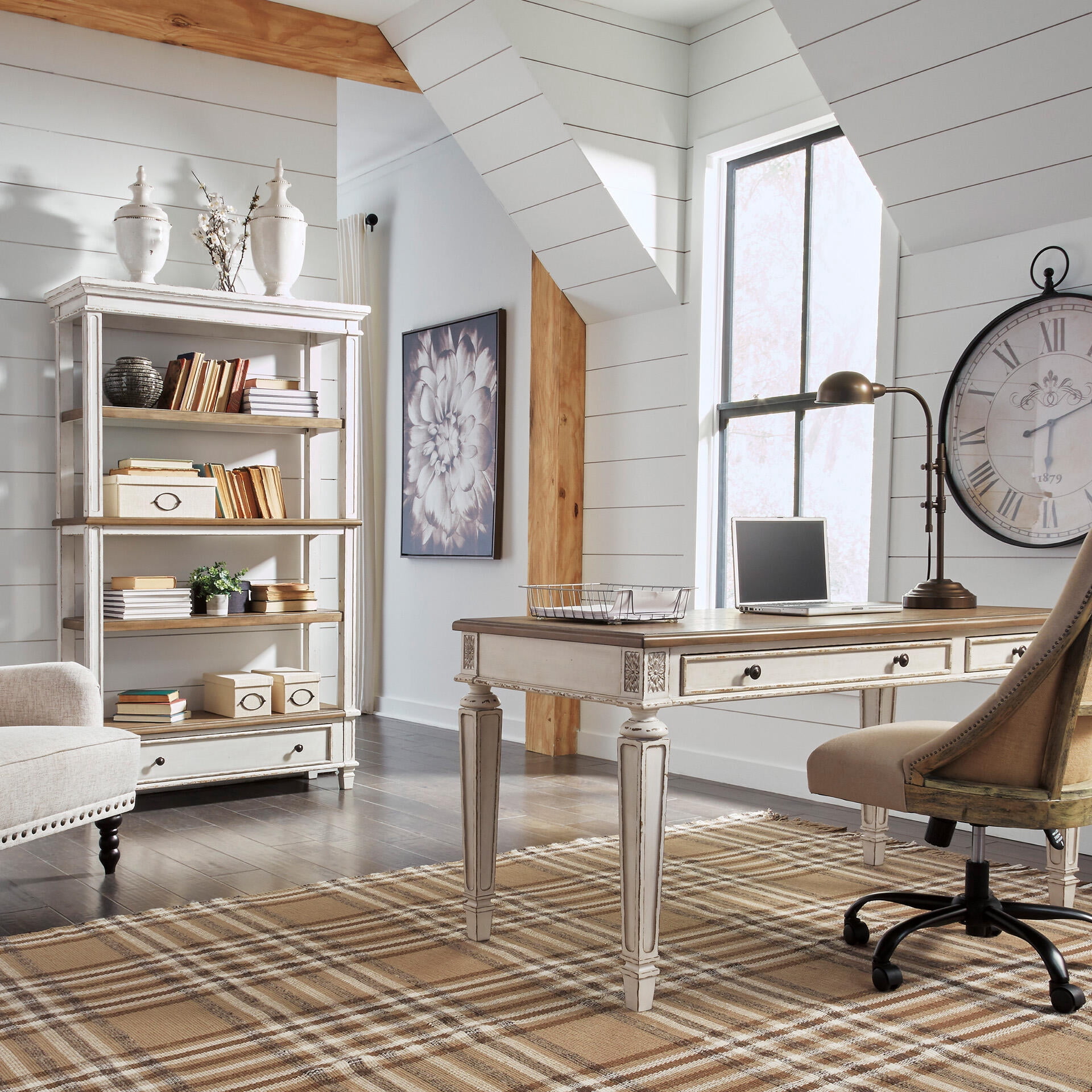 Signature Design by Ashley Realyn 75" Farmhouse Bookcase with Drawer - Chipped White & Brown