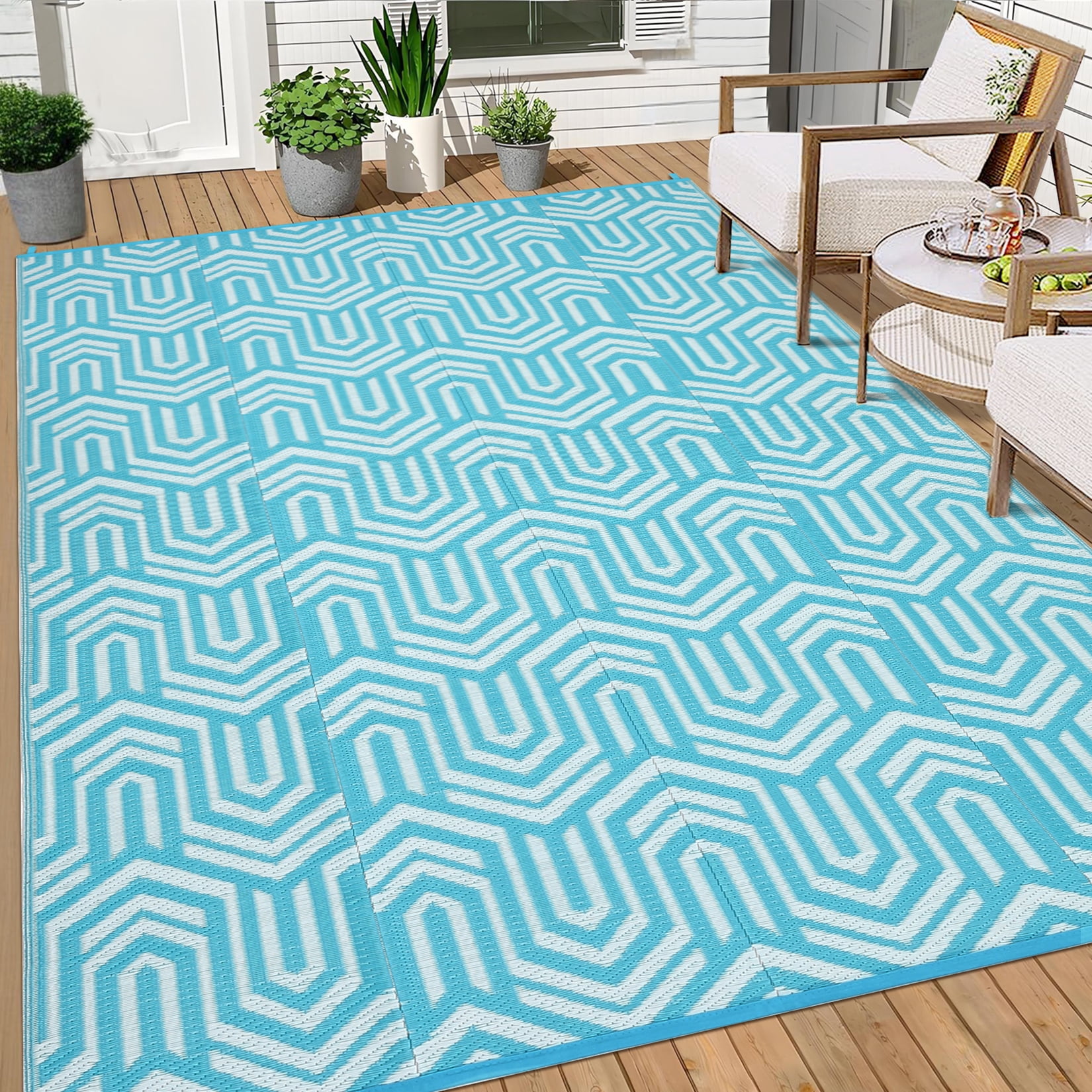 Garvee Waterproof Outdoor Rug 9x12ft Reversible Patio Rug, Plastic Straw Rug RV Camping Rug for Deck Balcony Porch Picnic Backyard, Light Blue