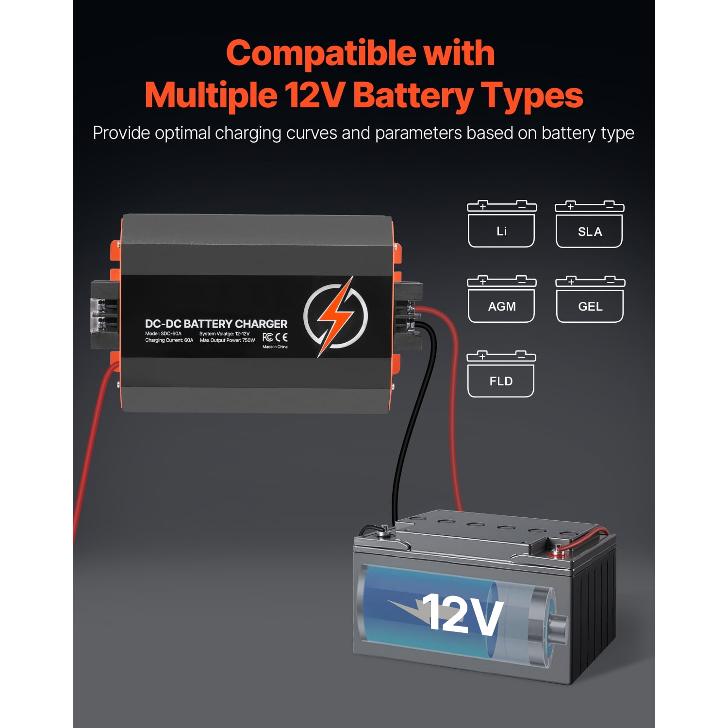 KFFKFF 12V 60A DC to DC Battery Charger, 750W, On-Board Charger for Lead-Acid, Lithium, AGM, GEL, and Flooded Batteries, Intelligent Multi-Stage Charging, Suitable for RVs, Commercial Vehicles, Boats