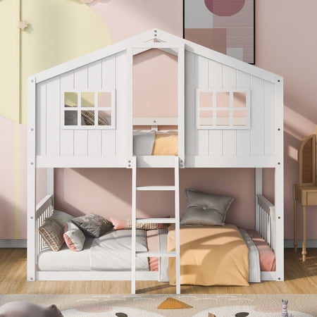 Twin Over Twin House Bunk Bed with Roof and Windows  Solid Wood Bunk Beds Frame with Ladder and Guardrail for Kids Teens Boys Girls Bedroom  White