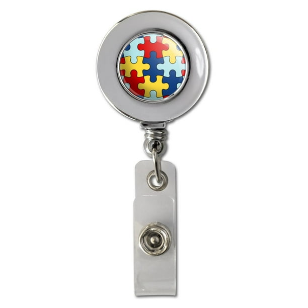 Autism Awareness Diversity Puzzle Pieces Retractable Reel Chrome Badge ID Card Holder Clip