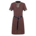 thumbnail image 2 of Belted Medieval Costume, Short Sleeve Historical Outfit, Short Sleeve Medieval Viking Tunic, Gold Embroidery Collar Renaissance Warrior Costume Top With Belt, Multi Color Larp Cosplay Shirt, Brown S, 2 of 3