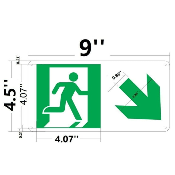 RUNNING MAN DOWN RIGHT SIGN - Photoluminescent, High Intensity, ALUMINIUM 4.5X9, Rust Free