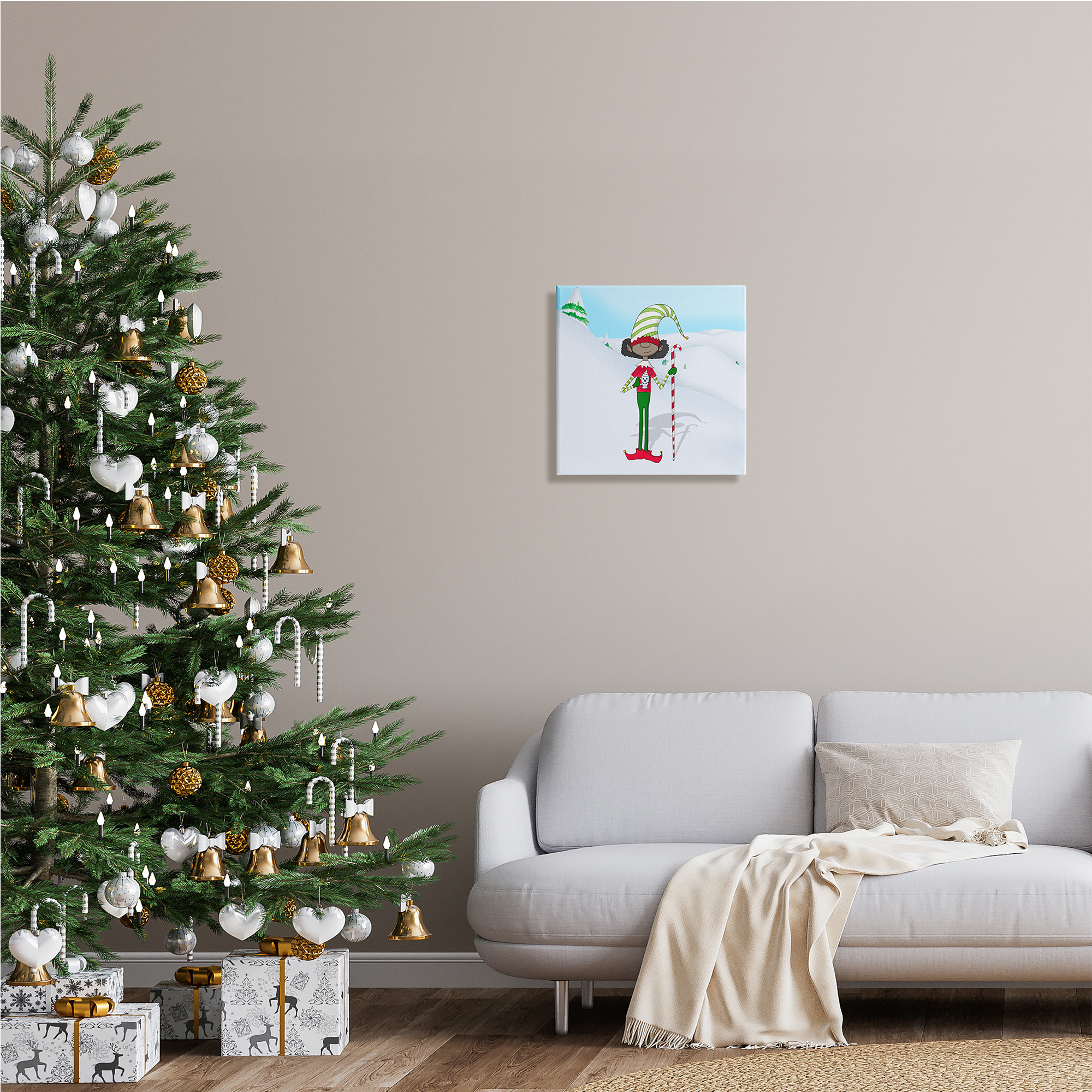 Stupell Indtries Holiday Elf with Hot Cocoa Snowy Winter Scene,17 x 17,Design by Hugo Edwins