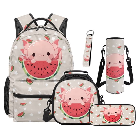 Jeiento Axolotl Backpack Set for 9-12 Years Old 5 Pcs Cartoon 17 Inch Lightweight Bookbag with Insulated Lunch Bag Pencil Case for Elementary School Gift for Daughter