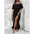 thumbnail image 3 of Women'S Off Shoulder Dot Maxi Dress Ruffle Corset Tassel High Waist Sundress Split Solid Casual Long Dress Black S, 3 of 6