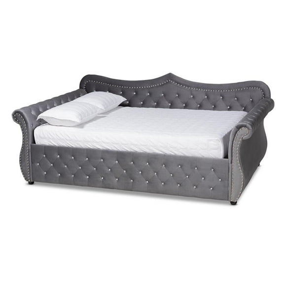 Bowery Hill Traditional Velvet and Crystal Tufted Wooden Gray Queen Size Daybed