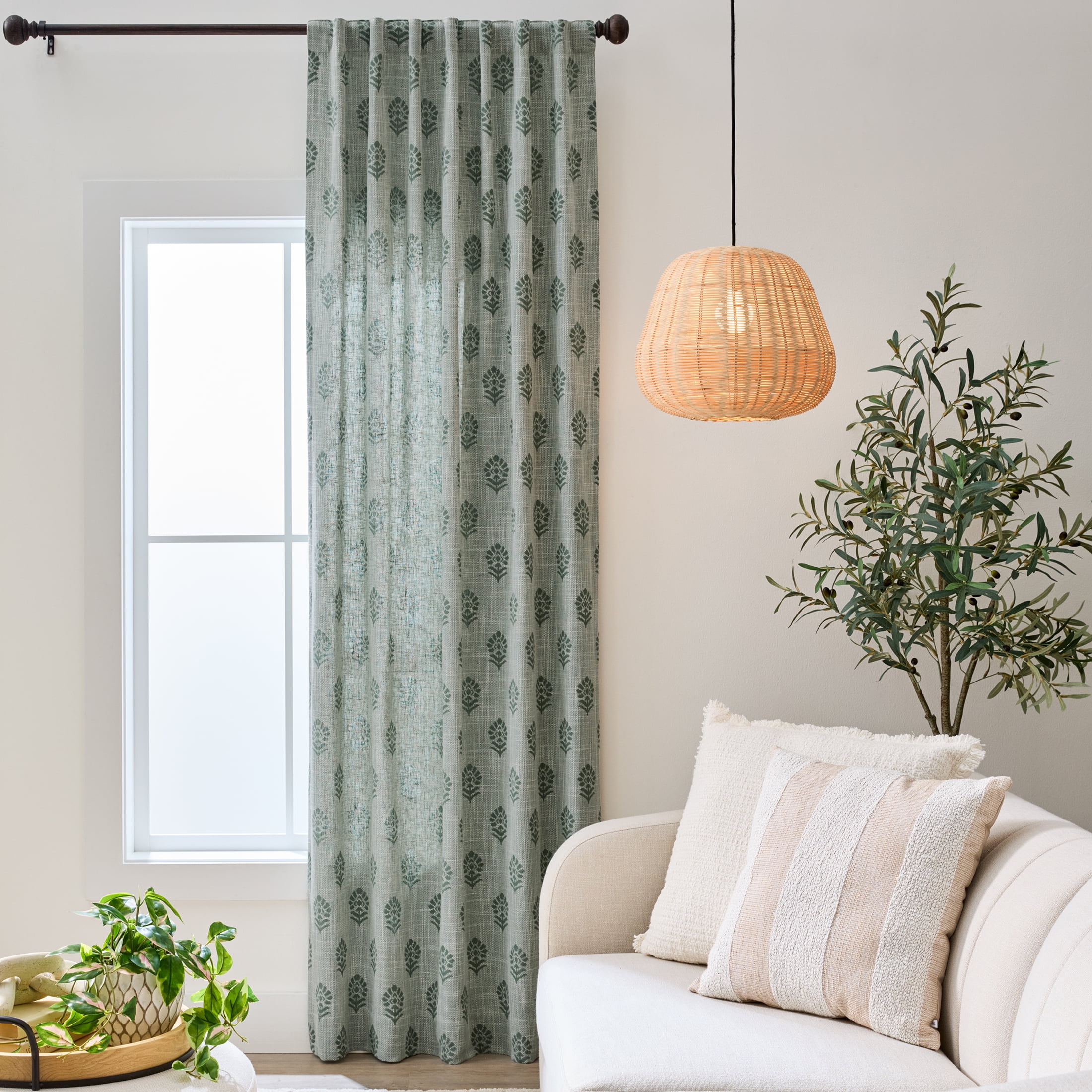 Better Homes & Gardens Floral Block Print Light Filtering Single Curtain Panel, Green, 50 in W x 95 in L
