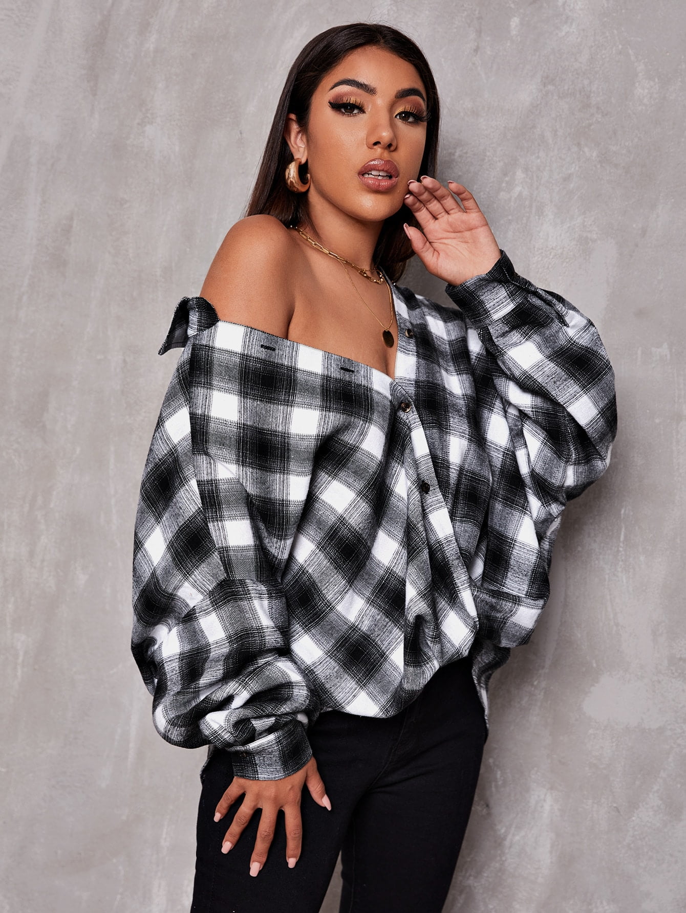 Drop Shoulder Oversized Plaid Blouse 