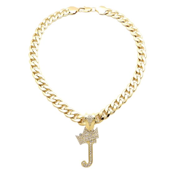 iJewelry2 Kings and Queens Crowned Initial Letter J Crystals Pendant Gold-tone Cuban Linked Chain Necklace