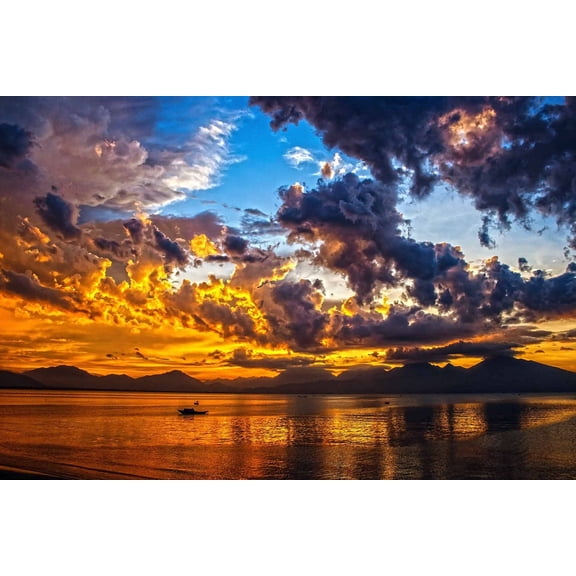 Wall Art Impressions 36x24in Photographic Print Poster Boat Sundown Sunset Sky Clouds Da Nang Bay
