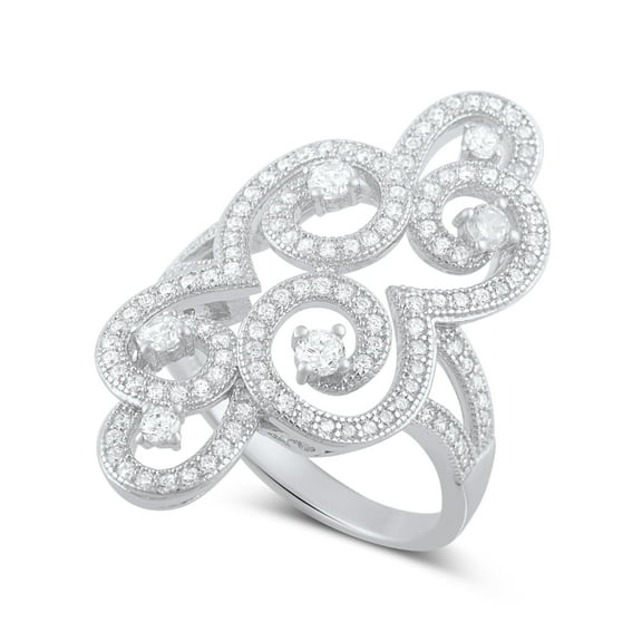 Sterling Silver Cz Filigree Swirl Statement Ring for Women and Teens - Size 5