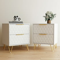 Resenkos 2-Piece Textured Diamond-Pattern Nightstands with Gold Handles & Hairpin Legs, Modern Bedroom Bedside Storage Cabinets, White