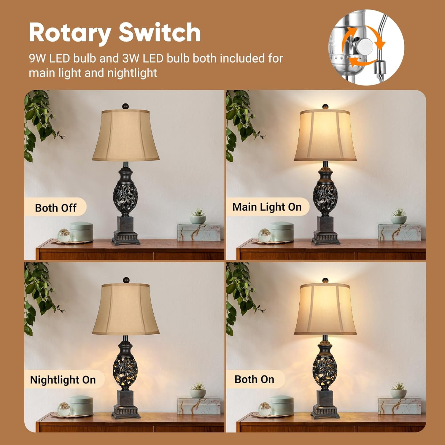 Miniyam Table Lamps Set of 2, 28" Tall Bedside Lamp with Nightlight, Rustic Farmhouse Nightstand Lamps with Linen Shades for Living Room Bedroom End Table(Black)