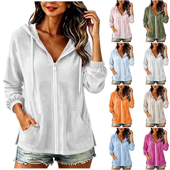 Lightweight Hoodies for Women Zip Up Summer Thin Casual Hoodies Drawstring Loose Fit Cotton Hoodie Casual Beach Cover Up