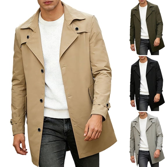 Purcolt Mens Trench Coat Notched Lapel Single Breasted Mid Long Jacket Windbreaker Casual Windproof Overcoat Pea Coat