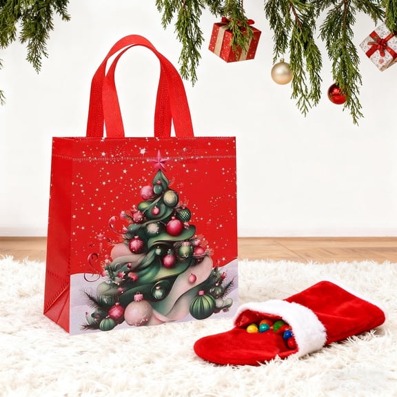 Waterproof Christmas Tote Bags 12-Pack Non-Woven Reusable Grocery Gift Bags with Handles for Holiday Party Favors Candy Storage Shopping