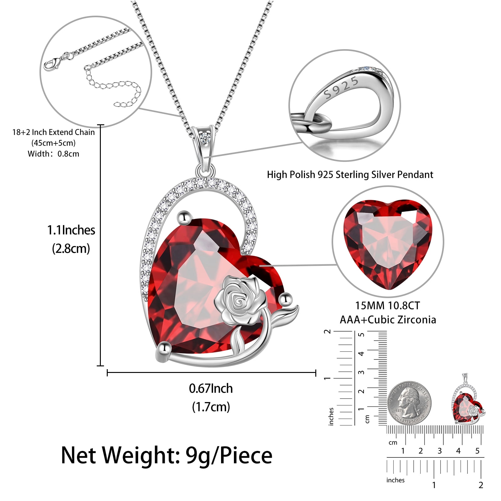 Juwaliy 925 Sterling Silver 15MM Heart Necklace Women January Birthstone Garnet Jewelry Red Rose Flower Pendant Mother Birthday Valentine's Day Xmas Gift