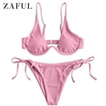 thumbnail image 2 of ZAFUL Women'Swimwear Ribbed Tie Side Underwire Bikini Swimsuit Pink S, 2 of 7