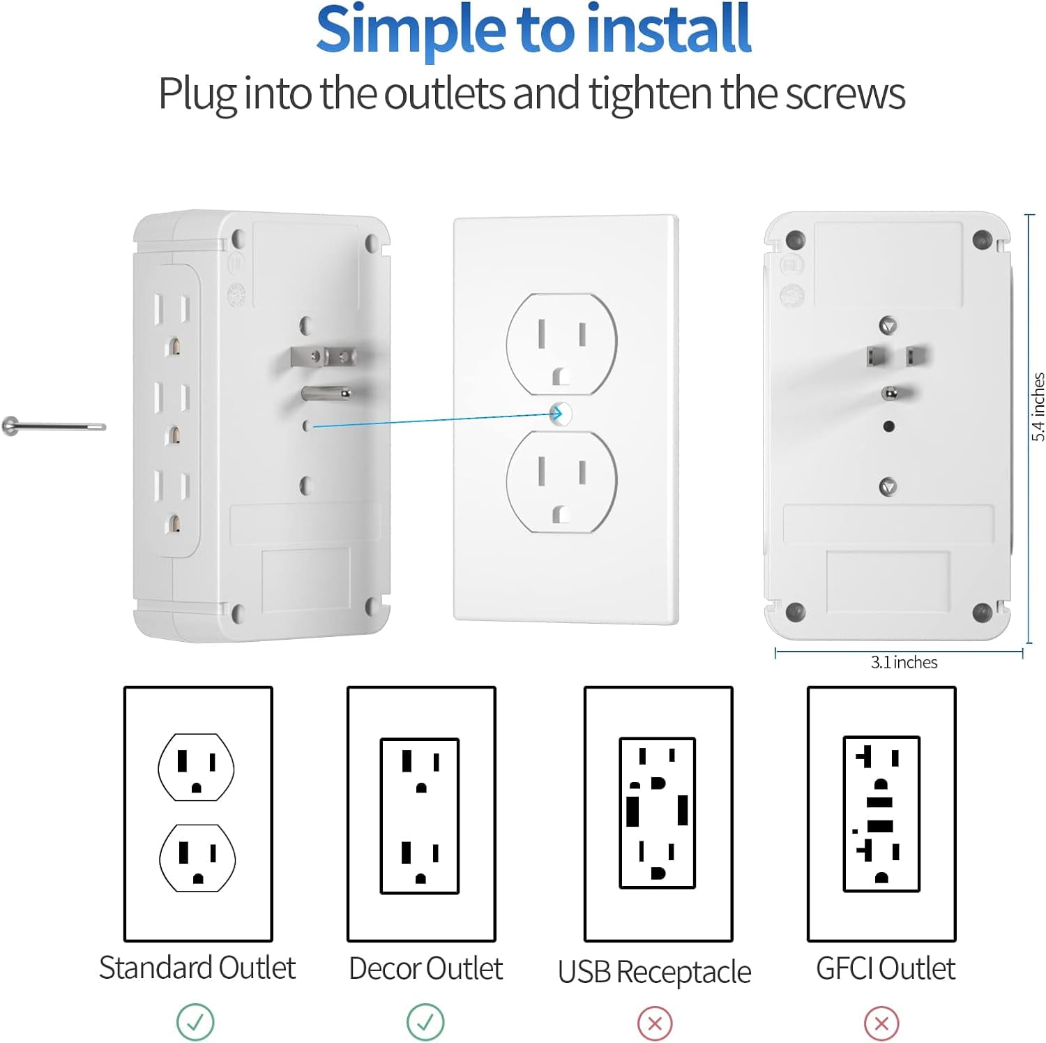 Power Charger Shelf- 11 Port Surge Protector Wall Outlet, 8 Electrical Outlet Extenders and 3 USB Ports 3.4A, with Removable Built-in Shelf and LED Indicator, FCC Listed, White