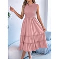 thumbnail image 5 of Women'S Ruffle Trim Flutter Sleeve Midi Dress Pleated Crew Neck Tiered Smocked Flowy Dresses Pink XL, 5 of 10