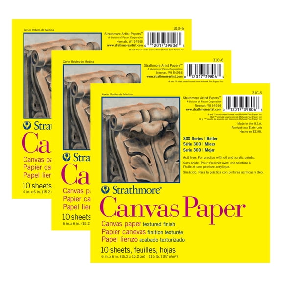 Strathmore 300 Series Canvas Paper Pad, 6" x 6", 10 Sheets, Pack of 3